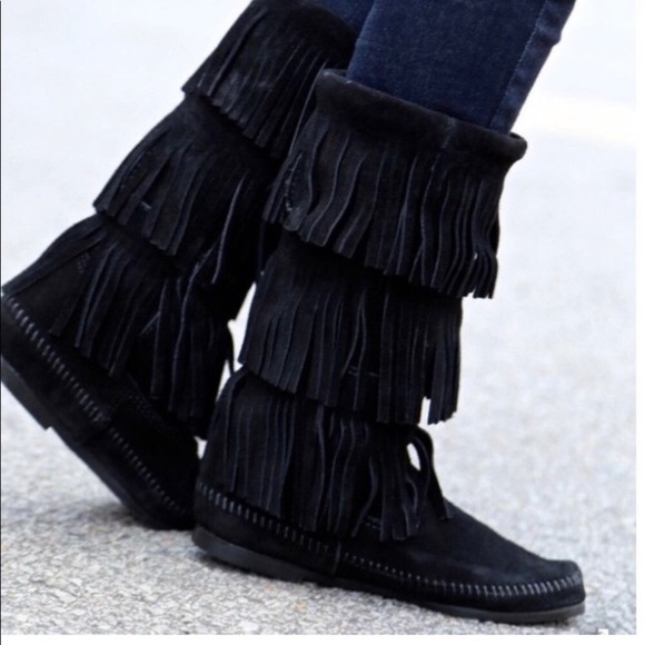 Minnetonka Shoes - Minnetonka black suede 3 layer fringe boot